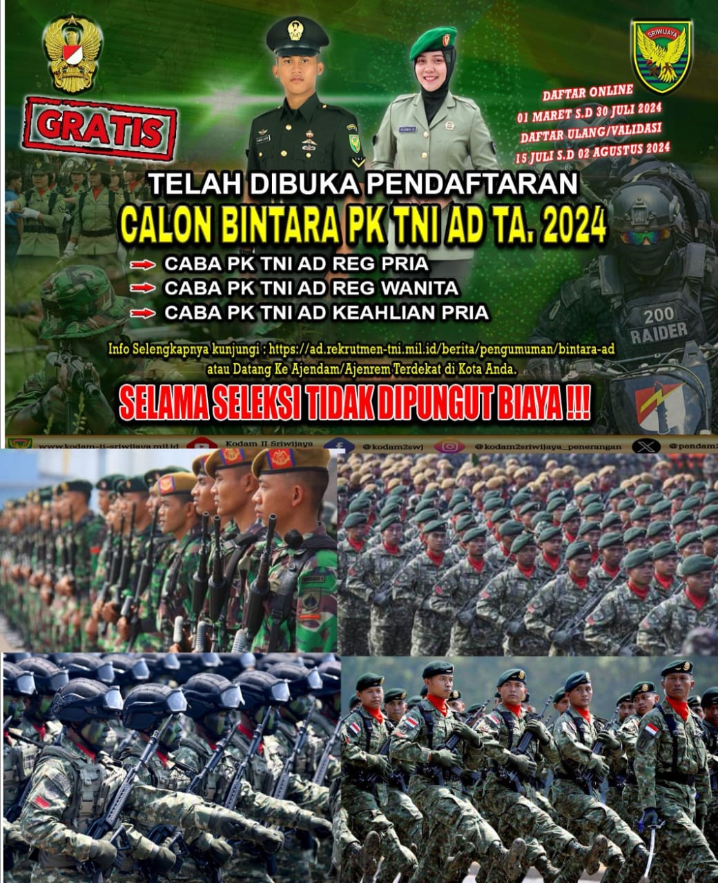 Kodam II/Swj Masih Buka Pendaftaran Secaba PK TNI AD Keahlian Pria TA 2024 Sumbagsel