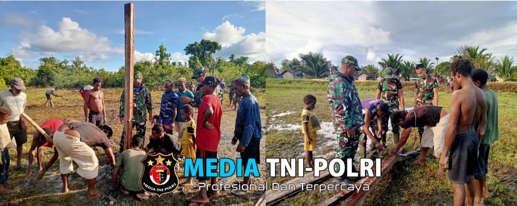 Satuan Jajaran Koops Habema Satgas Yonif 503 Kostrad di Papua Lakukan Kegiatan Gotong Royong Dengan Warga Bangun Lapangan Voli