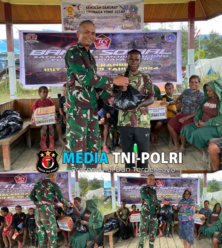 Satgas Yonif 323 Buaya Putih Berikan Bantuan Sembako Dalam Rangka HUT TNI Ke-79
