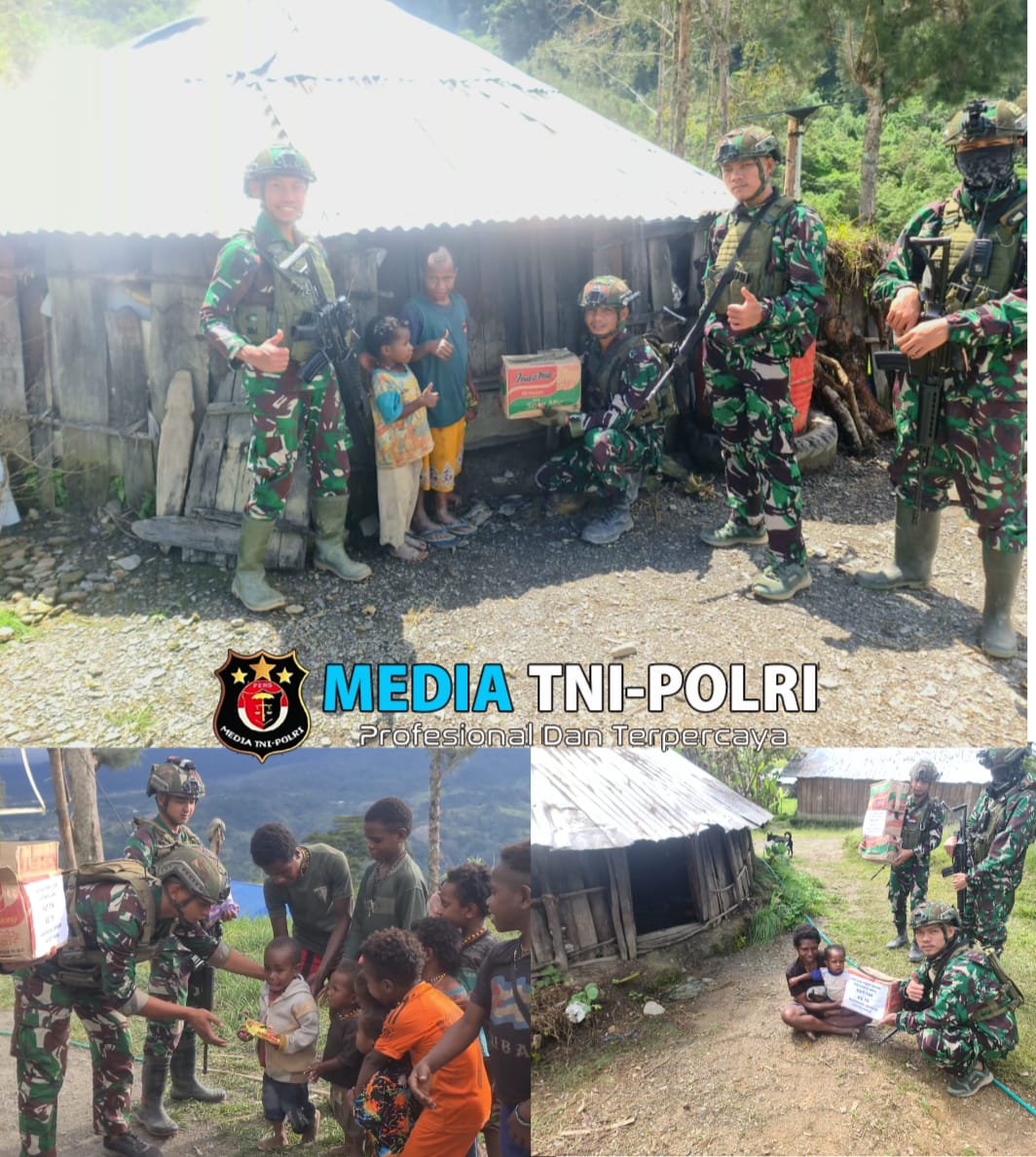 Senyum Bahagia Anak Papua, Prajurit TK Pintu Jawa Satgas Yonif 323 Berbagi Makanan dan Permen Dalam Rangka HUT TNI Ke-79
