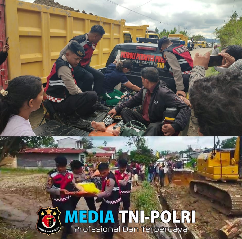 Jalan Amblas Buat Mobil Ambulans Tidak Bisa Antar Pasien Gawat Darurat ke RSUD Sidikalang, Samapta Polres Dairi Gerak Cepat Bantu Evakuasi