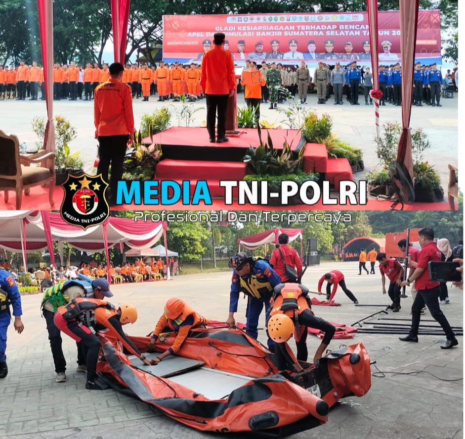 Pj Gubernur Sumsel Elen Setiadi SH MSE Pimpin Apel dan Simulasi Banjir di Lapangan Shooting Range Jakabaring Sport City Palembang