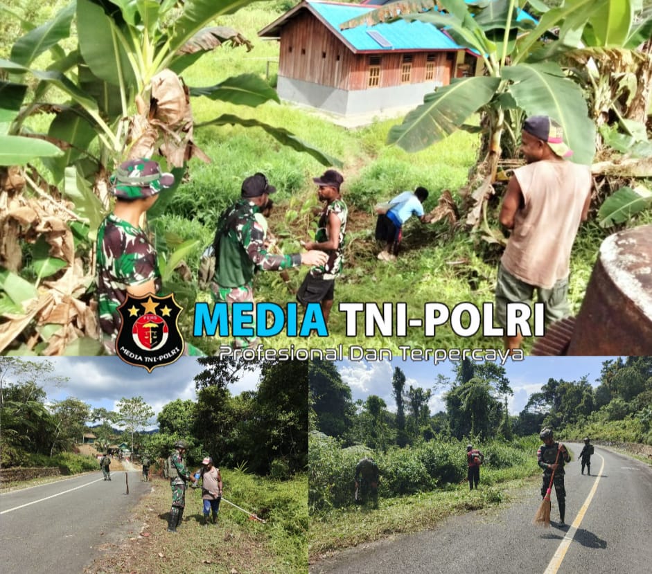 Jalin Kebersamaan, Satgas Yonif 512/QY Gotong Royong Bersama Masyarakat Bersihkan Jalan di Kampung Unggalom