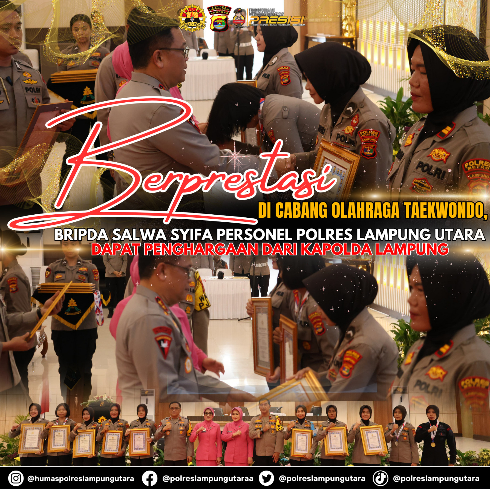 Berprestasi di cabang Olahraga Taekwondo, Bripda Salwa Syifa Personel Polres Lampung Utara Dapat Penghargaan Dari Kapolda Lampung