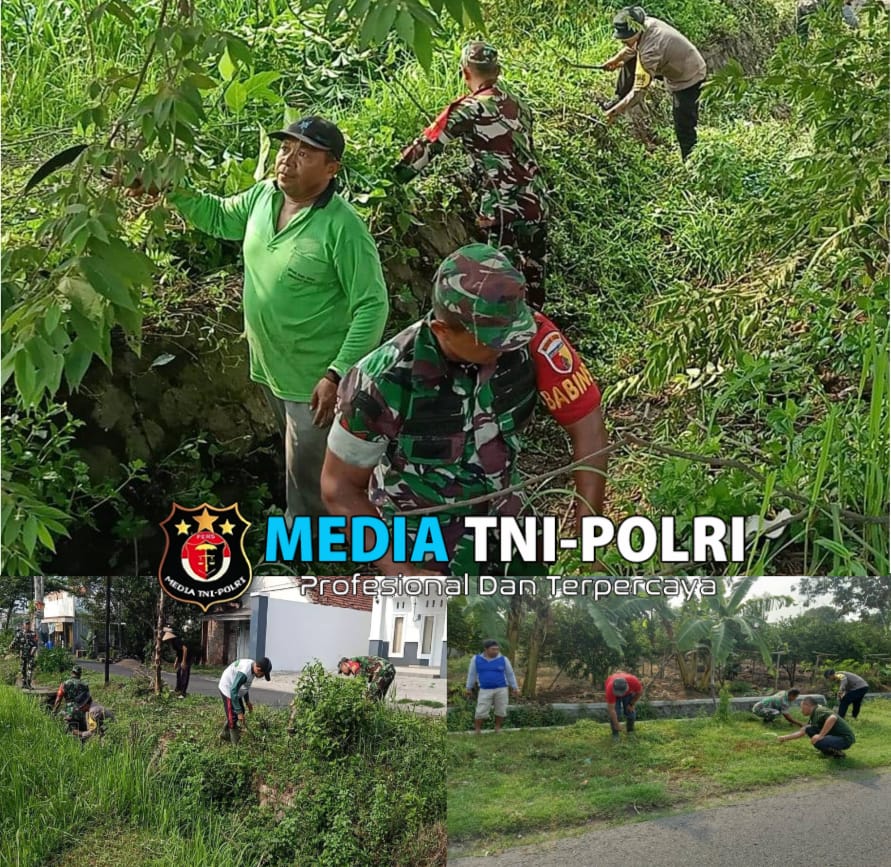 Minggu Bersih, Babinsa Desa Wonodadi Bersama Warga Kerja Bakti Bersihkan Parit Jalan Desa