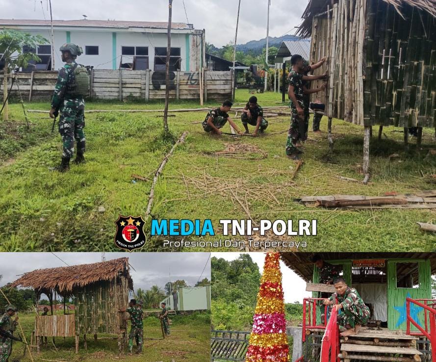 Sambut Perayaan Natal dan Tahun Baru 2025, Satgas Yonif 762/VYS Membuat Pondok Natal dan Pohon Natal