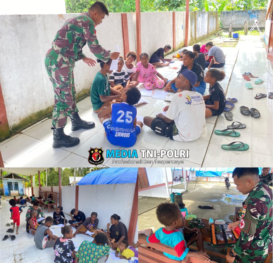 Mengisi Waktu Libur Sekolah, Satgas Yonif 131/BRS Belajar Bersama Anak-Anak di Perbatasan Papua