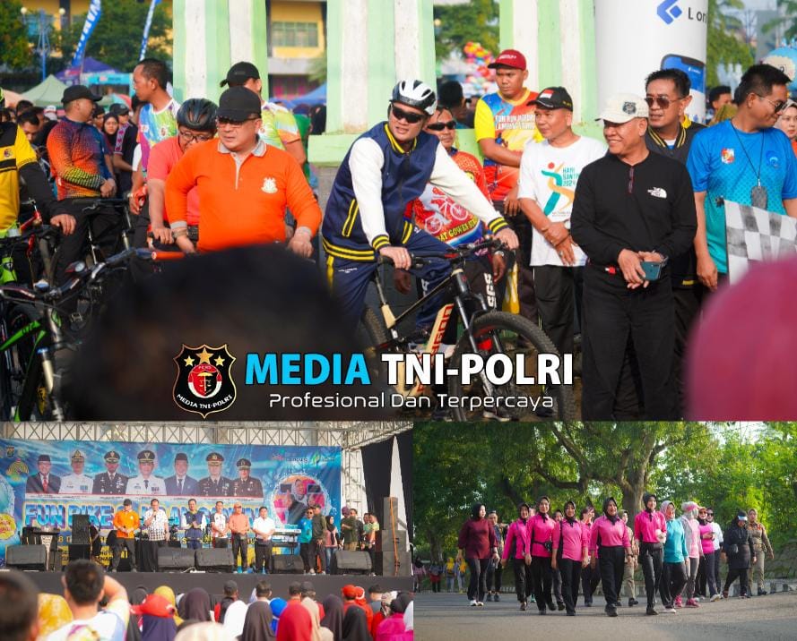 Kapolres bersama Ketua Bhayangkari Cabang Lampung Utara Hadiri Fun Bike dan Senam bersama di Stadion Sukung Kotabumi