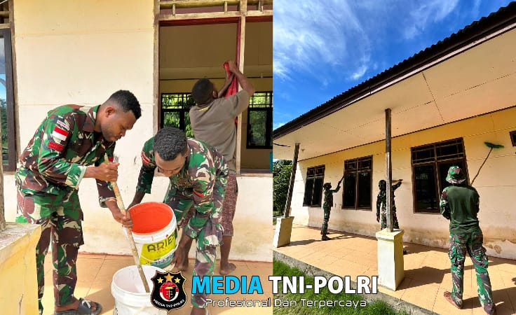 Satgas Yonif 762/VYS Gotong Royong Pengecatan Gereja Bersama Warga Kampung Afkrem