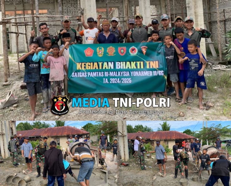 Semangat Kebersamaan Satgas Pamtas Yonarmed 11 Kostrad Bersama Warga Bangun Masjid Al-Nurul di Sekaduyan Taka, Nunukan
