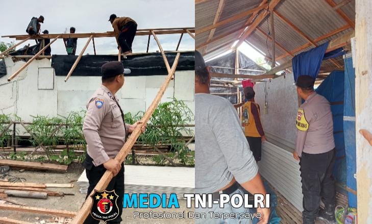 Bhabinkamtibmas Polsek Pasir Sakti Gotong Royong Perbaiki Rumah Warga Terdampak Angin Puting Beliung