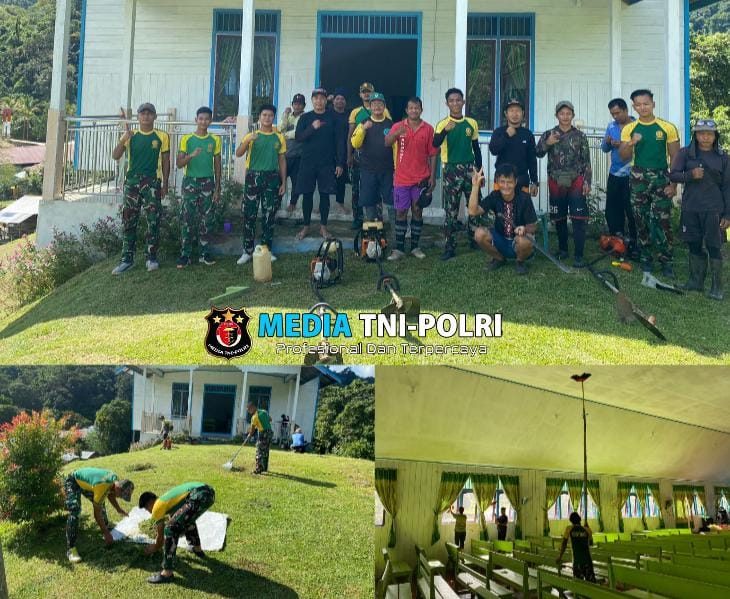Tumbuhkan Kebersamaan di Perbatasan, Satgas Pamtas Yonarmed 11 Kostrad Laksanakan Karya Bakti di GKI St. Imanuel Tau Lumbis