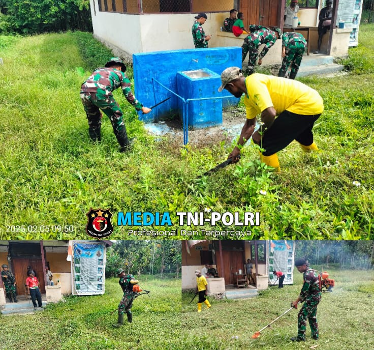 Kampung Bersih, Satgas Yonif 131/BRS Bersama Masyarakat Gotong Royong Membersihkan Lingkungan Kampung Ampas