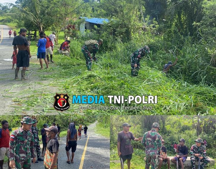 Kampung Bersih, Satgas Yonif 131/BRS Bersama Masyarakat Gotong Royong Membersihkan Lingkungan Kampung