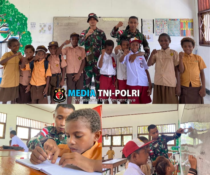 Ajarkan Cara Berhitung Dengan Penuh Kegembiraan, Satgas Yonif 131/BRS Belajar Bersama Murid-Murid Di SD Kampung Mosso, Perbatasan Papua