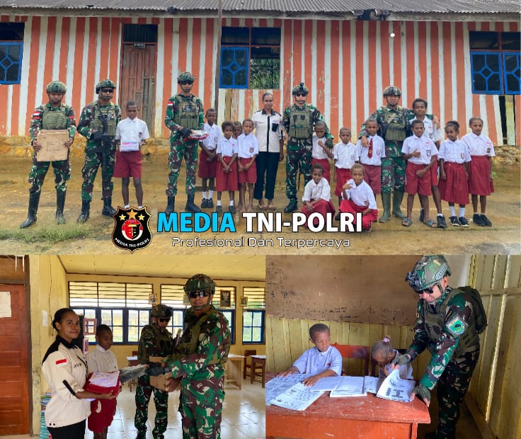 Satgas Yonif 762/VYS Bagikan Seragam dan Alat Tulis