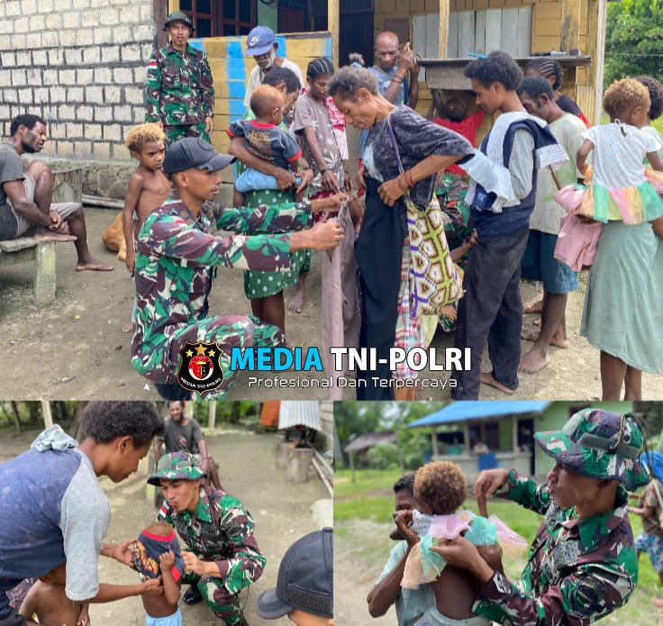 Wujud Kepedulian Antar Sesama, Satgas Yonif 131/BRS Berbagi Kebahagiaan dengan Membagikan Pakaian Gratis Untuk Masyarakat Papua