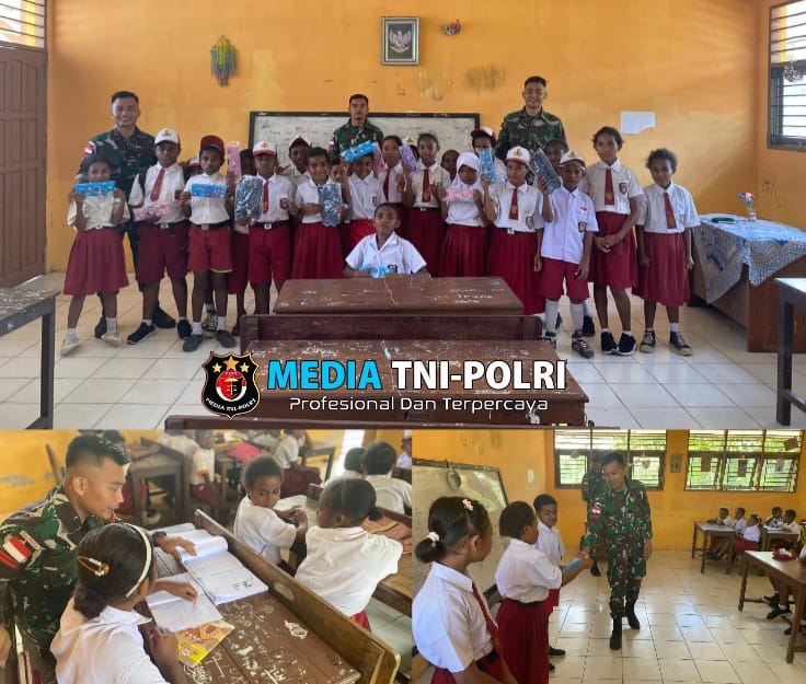 Memotivasi Pelajar di Perbatasan Papua, Satgas Yonif 131/BRS Mengajar dan Bagikan Perlengkapan Sekolah