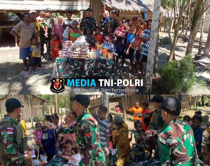 Sebagai Bentuk Kepedulian dan Tali Asih di Perbatasan Papua, Satgas Yonif 131/BRS Bagikan Sembako di Kampung Kalilapar