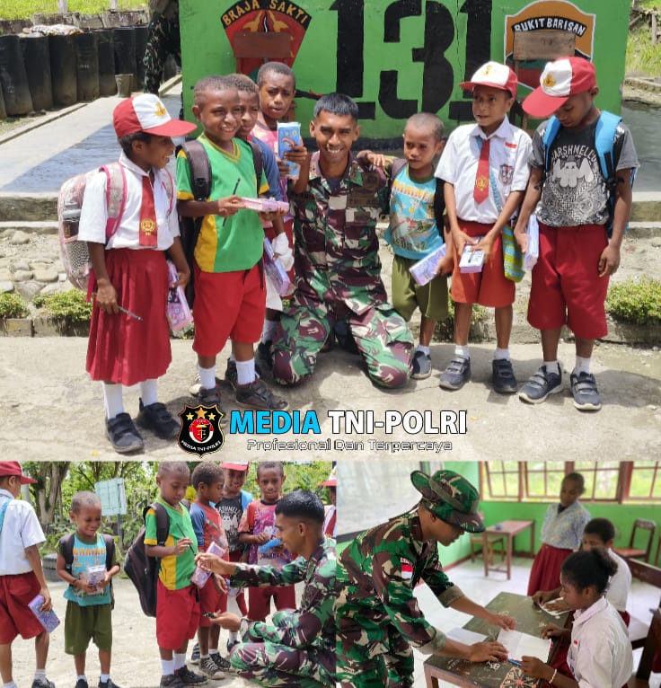 Berbagi Keceriaan dan Cerdaskan Generasi Penerus Bangsa, Satgas Yonif 131/BRS Bantu Mengajar di Perbatasan RI-PNG