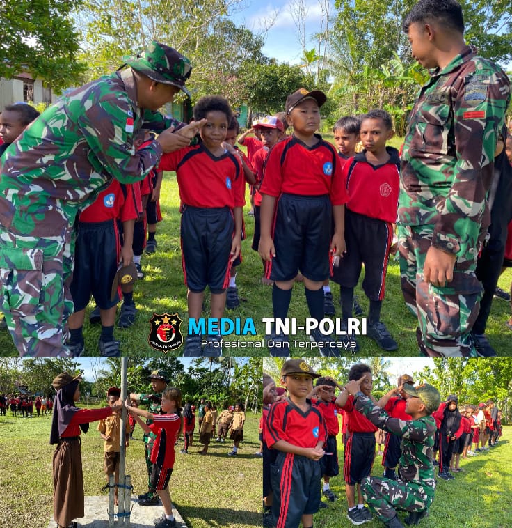 Latih Disiplin Sejak Dini, Satgas Yonif 131/BRS Ajarkan Baris Berbaris Di SD Inpres Pir V