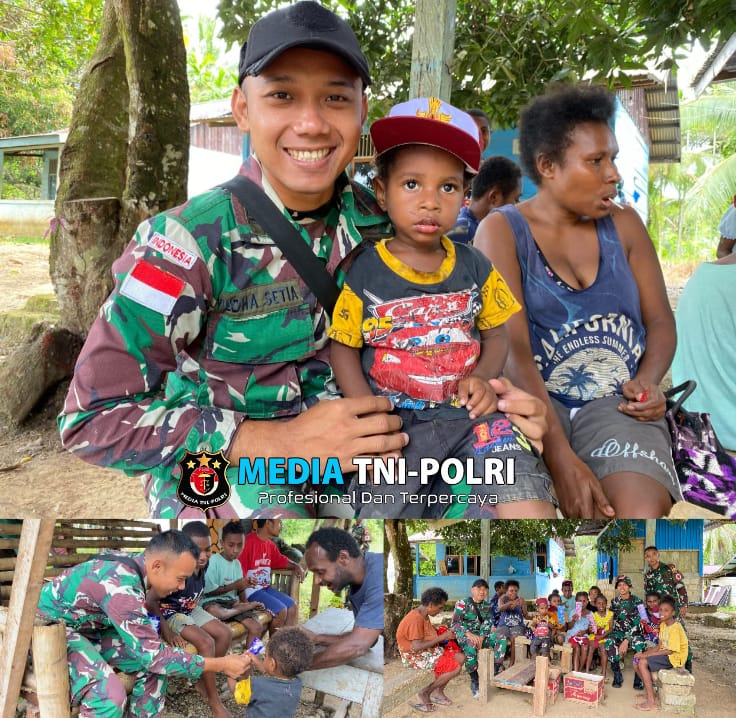 Laksanakan Anjangsana, Satgas Yonif 131/BRS Bagikan Topi dan Perlengkapan Sekolah di Kampung Mosso