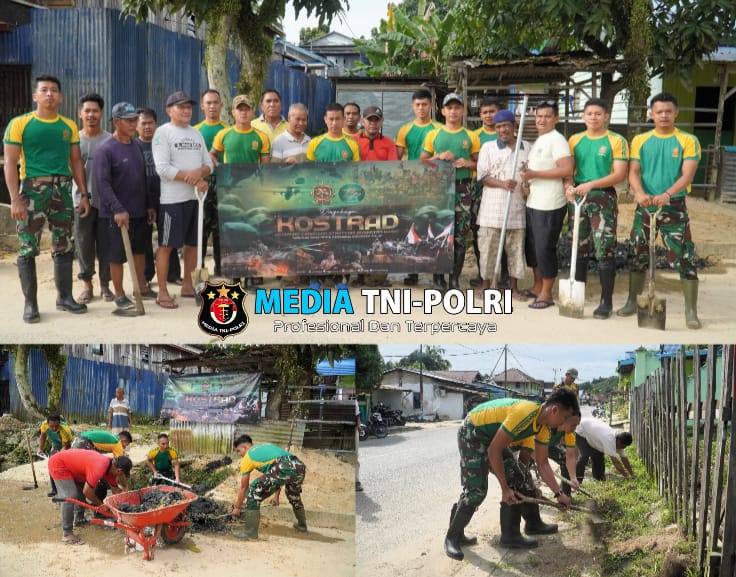 Wujudkan Kebersihanan Lingkungan, Satgas Pamtas Yonarmed 11 Kostrad dan Warga Gotong Royong Bersihkan Saluran Air