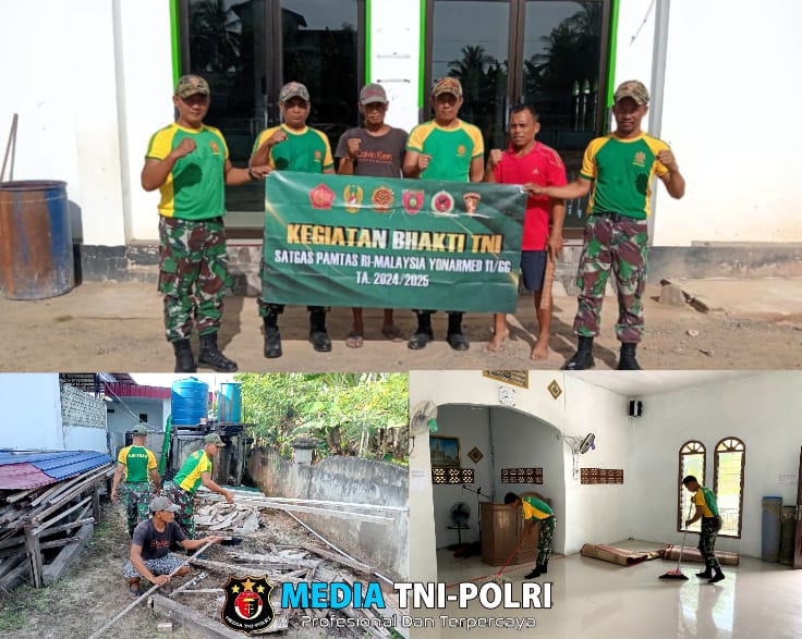 Ciptakan Kenyamanan Beribadah di Bulan Ramadhan, Satgas Pamtas Yonarmed 11 Kostrad Bersihkan Masjid Babul Jannah