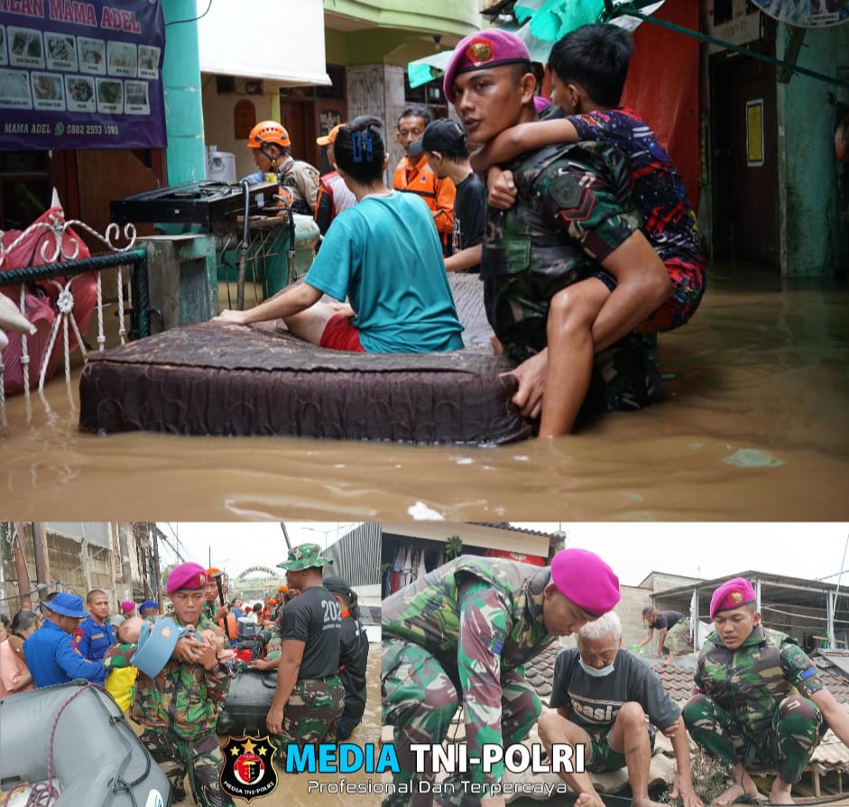 TNI AL Terjunkan Prajuritnya Untuk Evakuasi Warga Terdampak Banjir di Wilayah Jabodetabek
