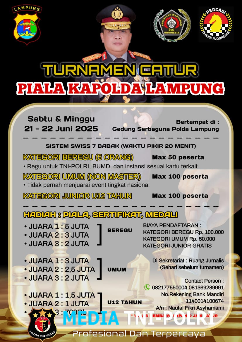 Turnamen Catur Piala Kapolda Lampung Mulai Dibuka Pendaftaran Hari Ini
