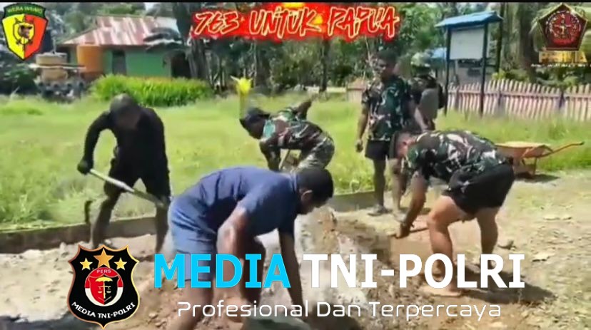 Satgas Pamtas Yonif 763/SBA Pos Yembun Bersama Masyarakat Setempat Membangun Jalan Masuk ke Gereja