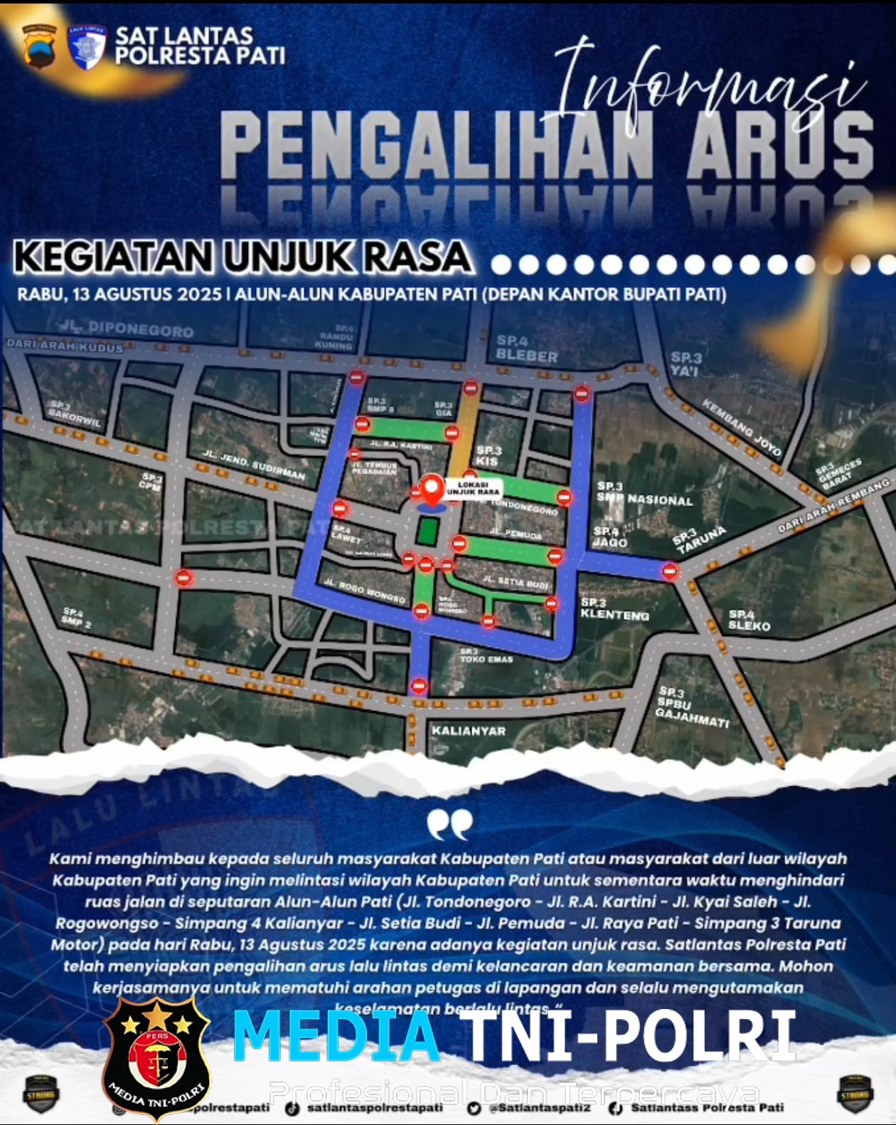 Satlantas Polresta Pati Siapkan Rekayasa Lalin Cegah Kemacetan Selama Aksi di Alun-Alun Berlangsung