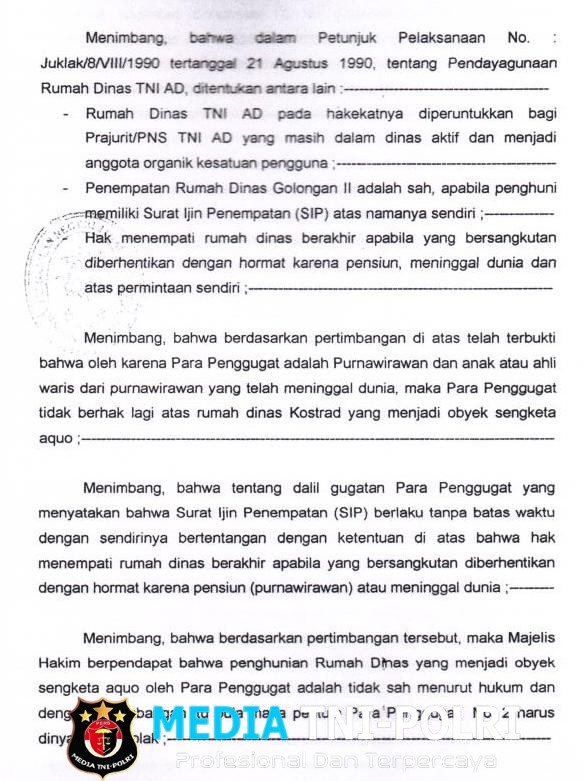 Kostrad Tegaskan Penertiban Rumah Dinas Berdasarkan Putusan MA