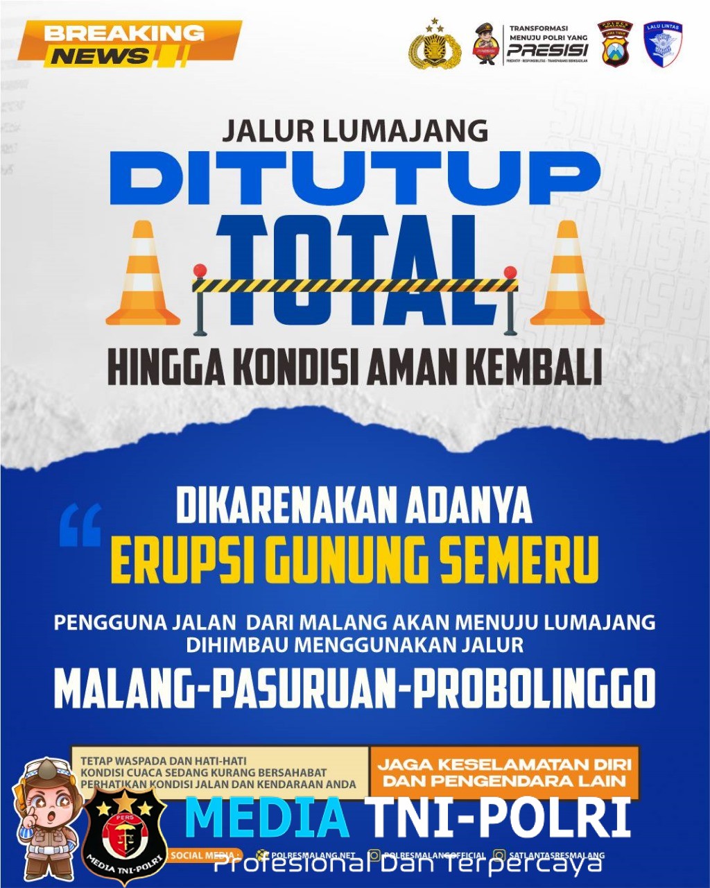 Erupsi Gunung Semeru, Polres Malang Tutup Jalur Ampelgading–Lumajang hingga Kondisi Aman