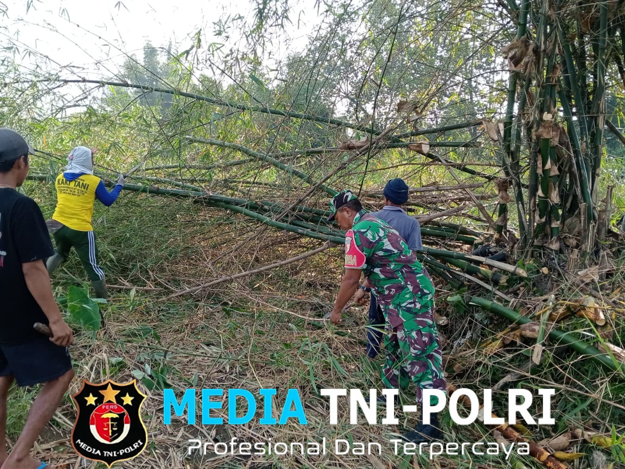 Babinsa Kelurahan Bence Ajak Warga Bersihkan Ranting Bambu yang Menutupi Akses Jalan Persawahan