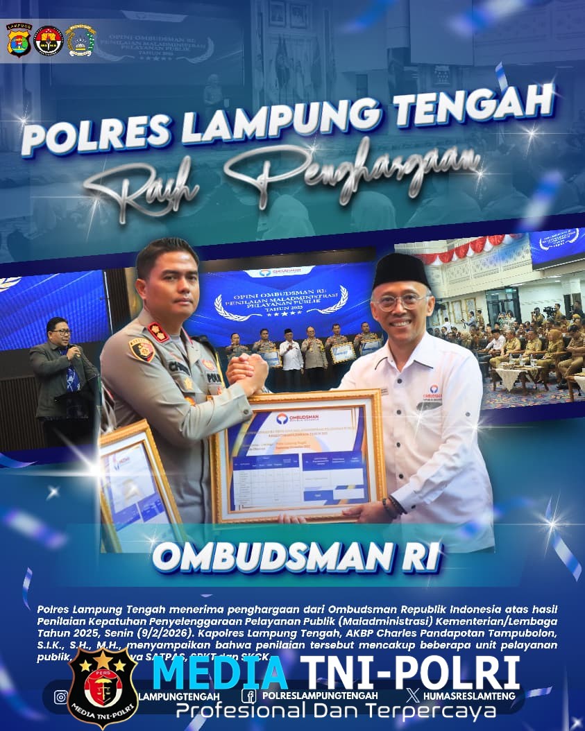 Kapolres Lampung Tengah Terima Penghargaan Pelayanan Publik dari Ombudsman RI