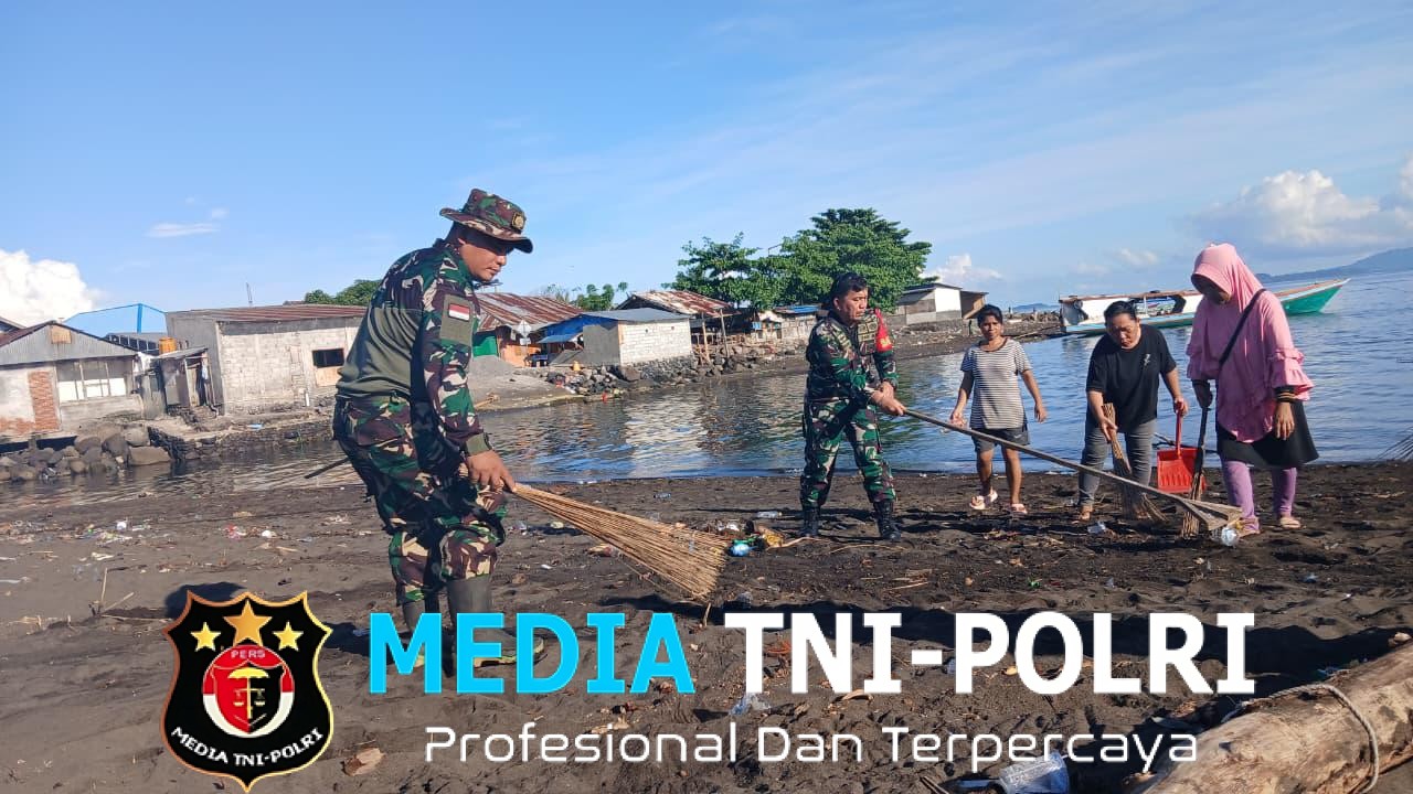 Wujudkan Lingkungan Asri, Koramil 03 Likupang Karya Bakti Bersihkan Pesisir Pantai Desa Likupang Kampung Ambong