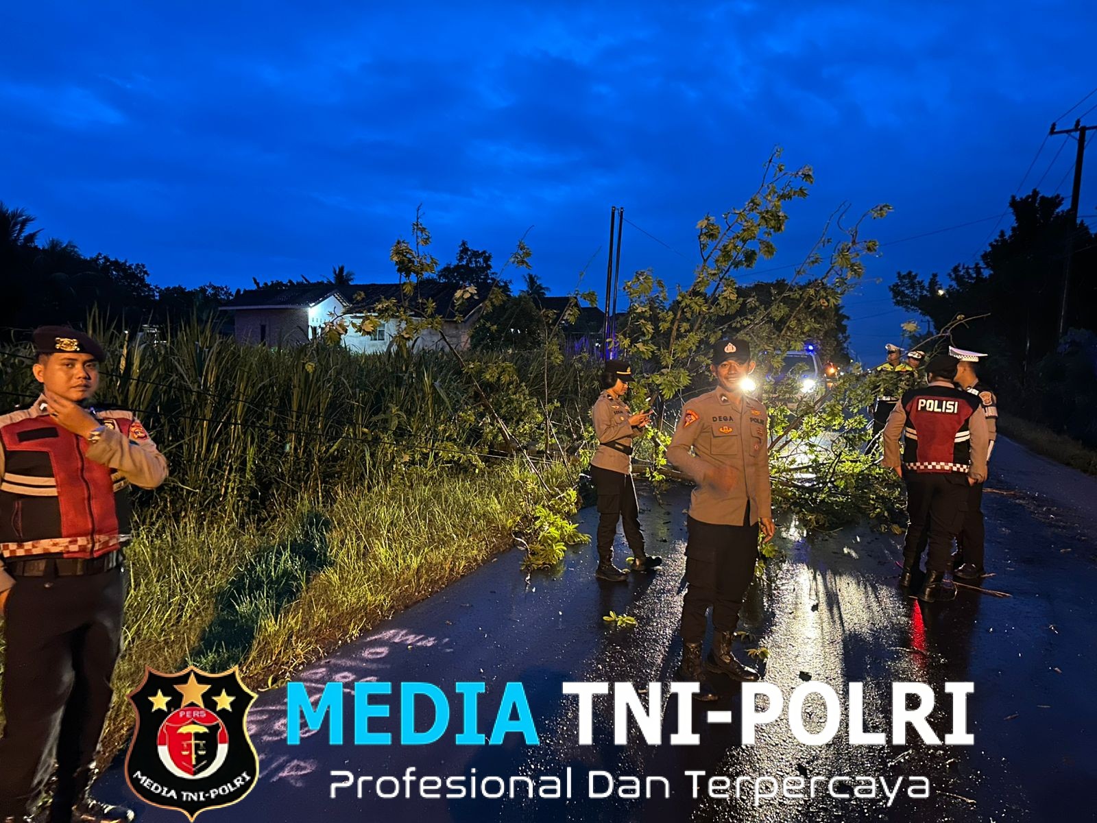 Tim Siaga Tanggap Bencana Polres Lampung Timur Sigap Evakuasi Pohon Tumbang yang Menutup Akses Jalan di Desa Gedung Dalem