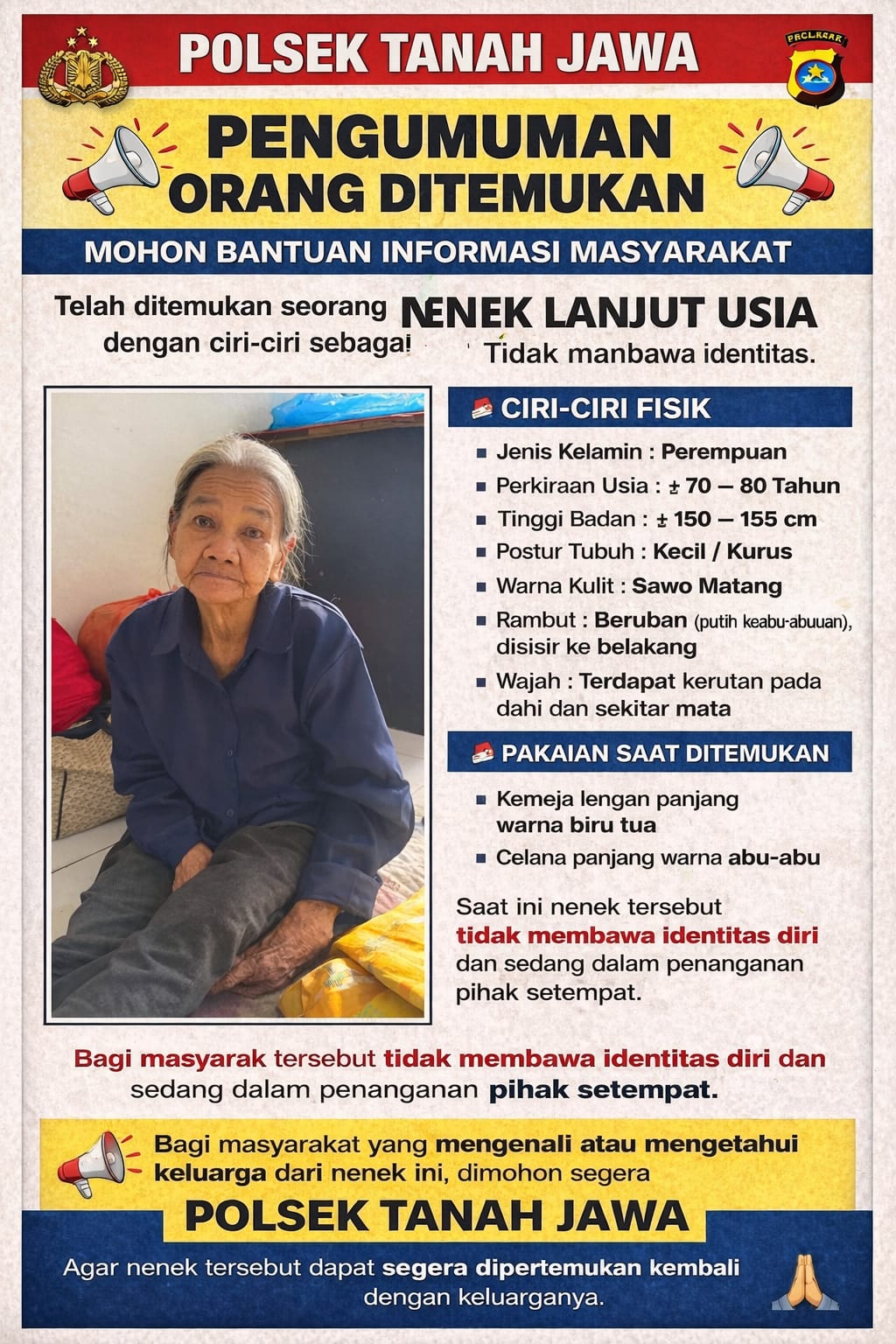 Nenek Tanpa Identitas Ditemukan di Simalungun, Polsek Tanah Jawa Imbau Warga Bantu Temukan Keluarga