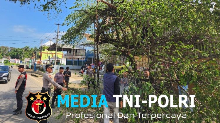 Respon Laporan 110, Polres Lampung Utara Gerak Cepat Tangani Pohon Rawan Tumbang di Depan Pasar Candimas