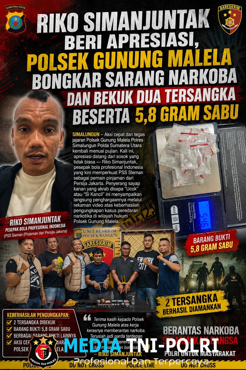 Riko Simanjuntak Beri Apresiasi, Polsek Gunung Malela Bongkar Sarang Narkoba dan Bekuk Dua Tersangka Beserta 5,8 Gram Sabu