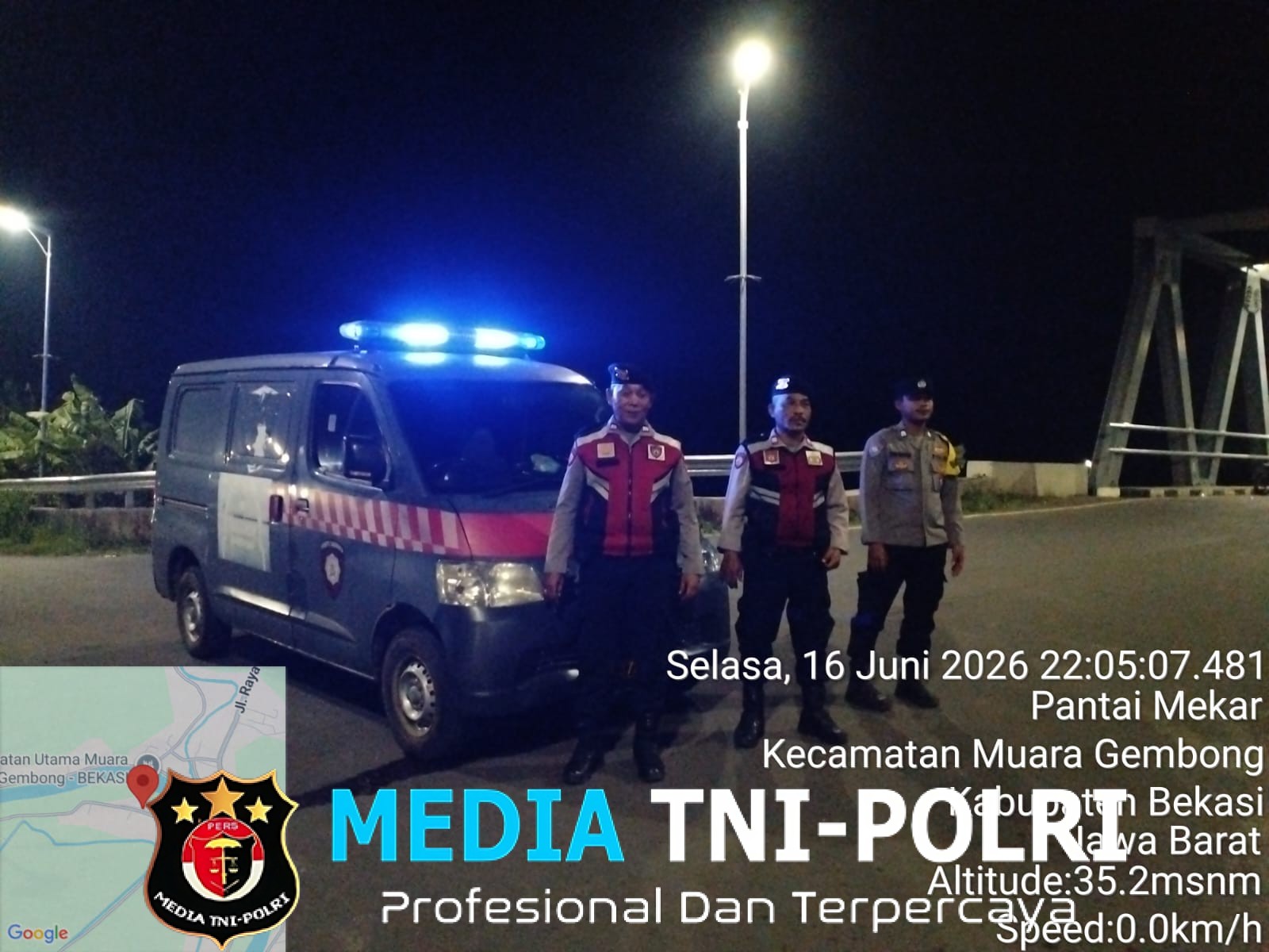 Jembatan Pantai Mekar–Pantai Bakti Dipantau, Patroli Biru Muara Gembong Cegah Kejahatan Malam Hari