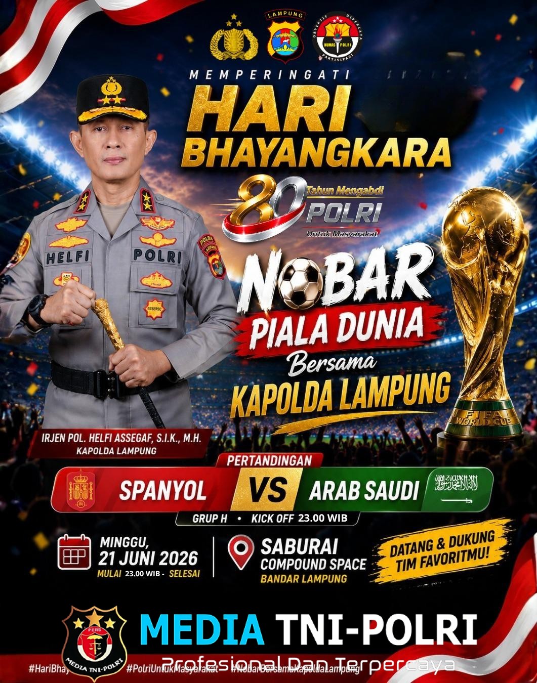 Kapolda Lampung Ajak Masyarakat Nobar Piala Dunia 2026 Malam Ini, Dukung Arab Saudi vs Spanyol