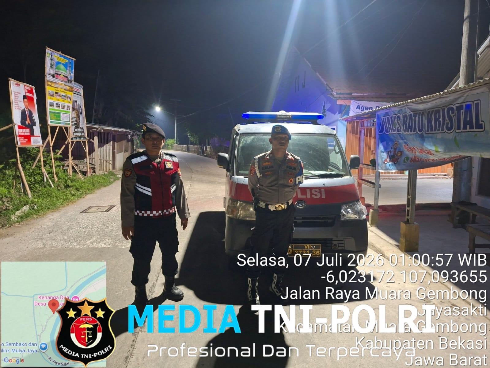 Jaga Jakarta Jaga Bekasi, Patroli Biru Polsek Muara Gembong Perkuat Pencegahan Guantibmas Dini Hari