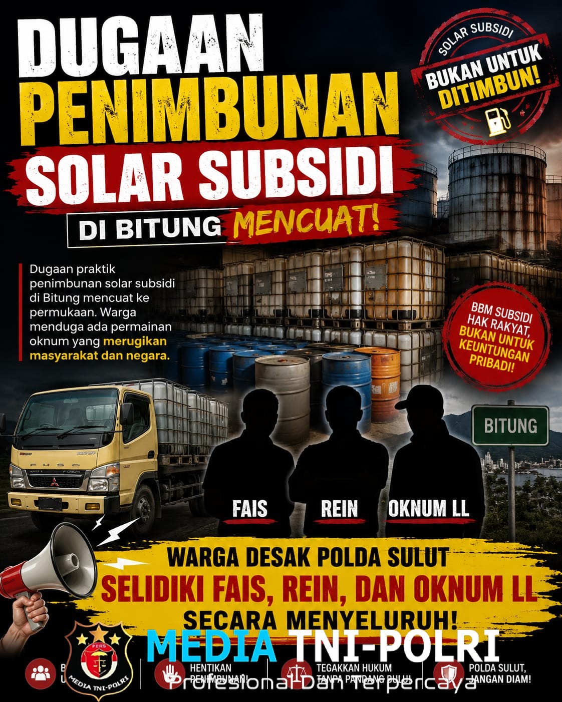 Dugaan Penimbunan Solar Subsidi di Bitung Mencuat, Warga Desak Polda Sulut Selidiki Fais, Rein, dan Oknum LL Secara Menyeluruh