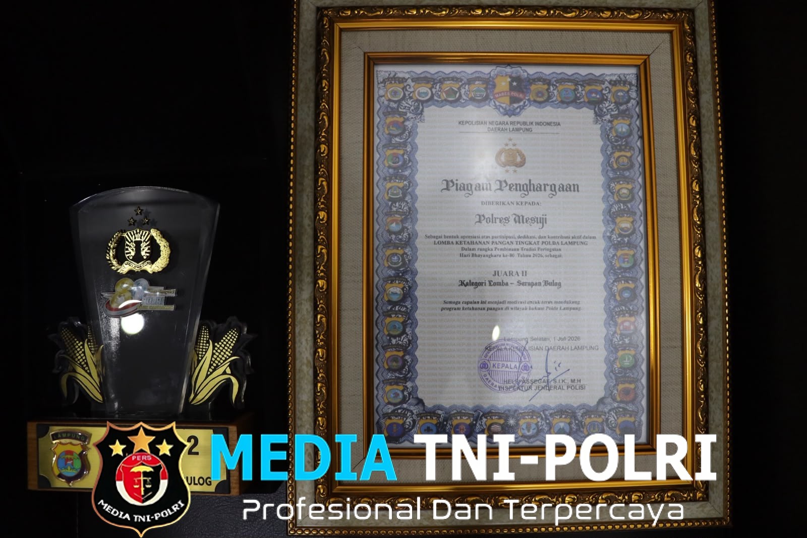 Polres Mesuji Sabet Juara II Penyerapan Jagung Bulog Terbaik Se-Polda Lampung, Terima Piagam dan Piala dari Kapolda Lampung