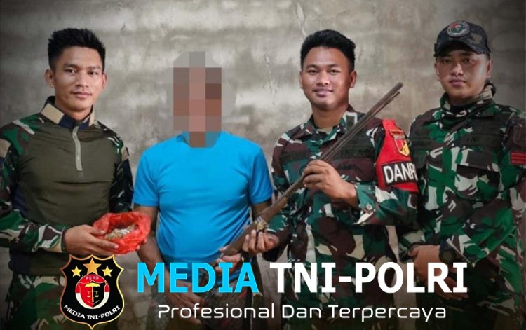 Satgas Pamtas Malaysia Yonarmed 19/Bogani Terima Penyerahan Senjata Rakitan dan Sisik Trenggiling dari Masyarakat