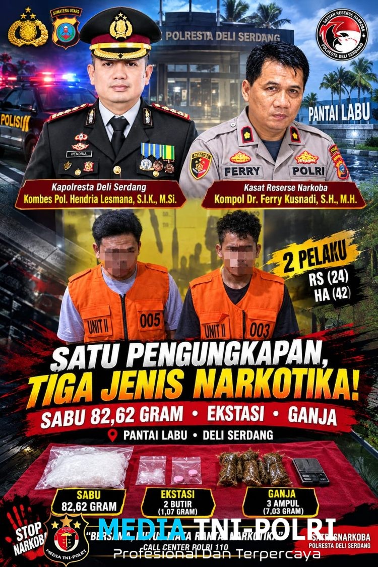 Polresta Deli Serdang Ungkap Kasus Narkotika, Amankan pengedarnya beserta 82,62 Gram Sabu, Ekstasi dan Ganja